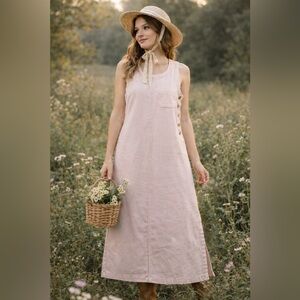 Light Pink Overall Dress 4P Side button front pocket cotton cottage modest